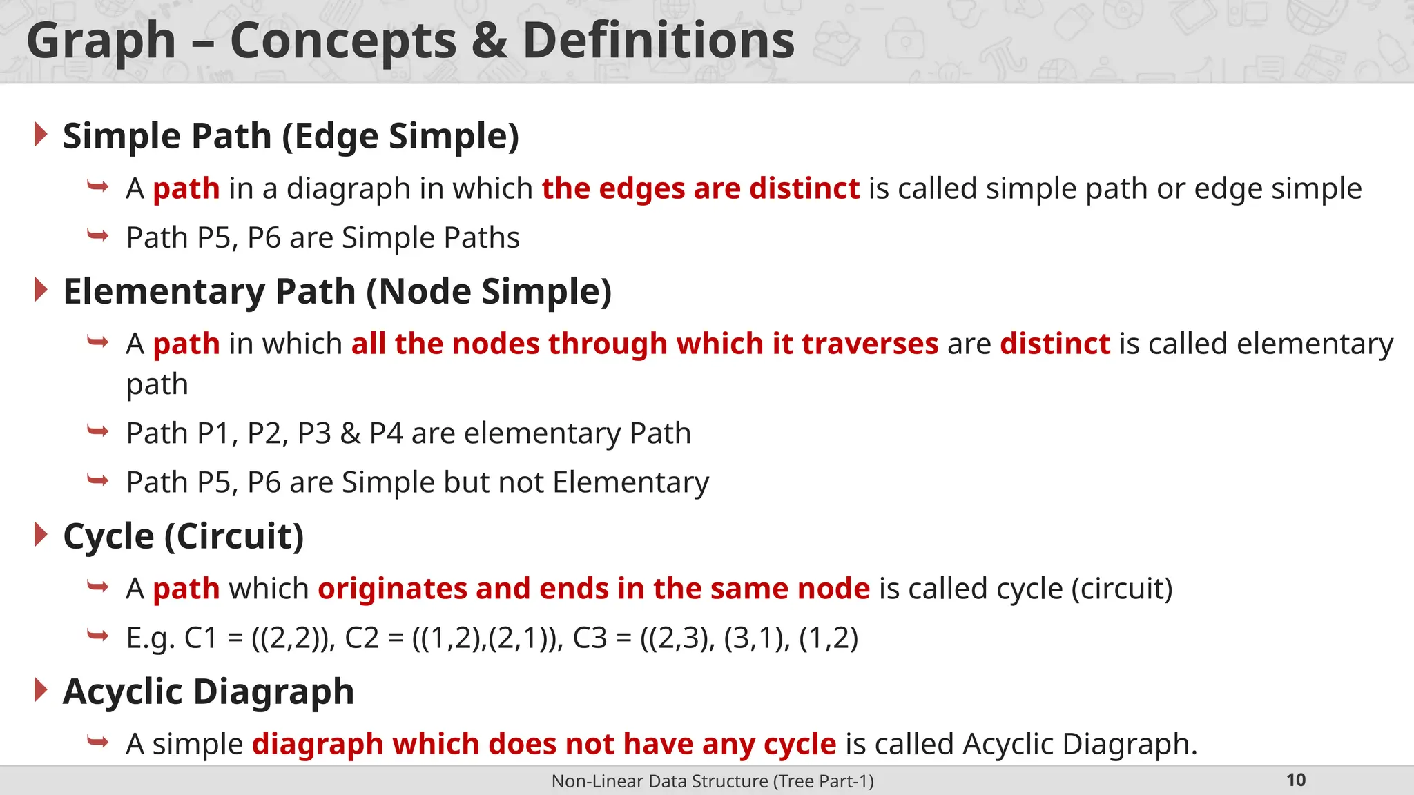 Non-Linear Data Structure (Tree Part-1) 10 Graph – Concepts & Definitions  Simple Path (Edge Simple)  A path in a diagraph in which the edges are distinct is called simple path or edge simple  Path P5, P6 are Simple Paths  Elementary Path (Node Simple)  A path in which all the nodes through which it traverses are distinct is called elementary path  Path P1, P2, P3 & P4 are elementary Path  Path P5, P6 are Simple but not Elementary  Cycle (Circuit)  A path which originates and ends in the same node is called cycle (circuit)  E.g. C1 = ((2,2)), C2 = ((1,2),(2,1)), C3 = ((2,3), (3,1), (1,2)  Acyclic Diagraph  A simple diagraph which does not have any cycle is called Acyclic Diagraph. 