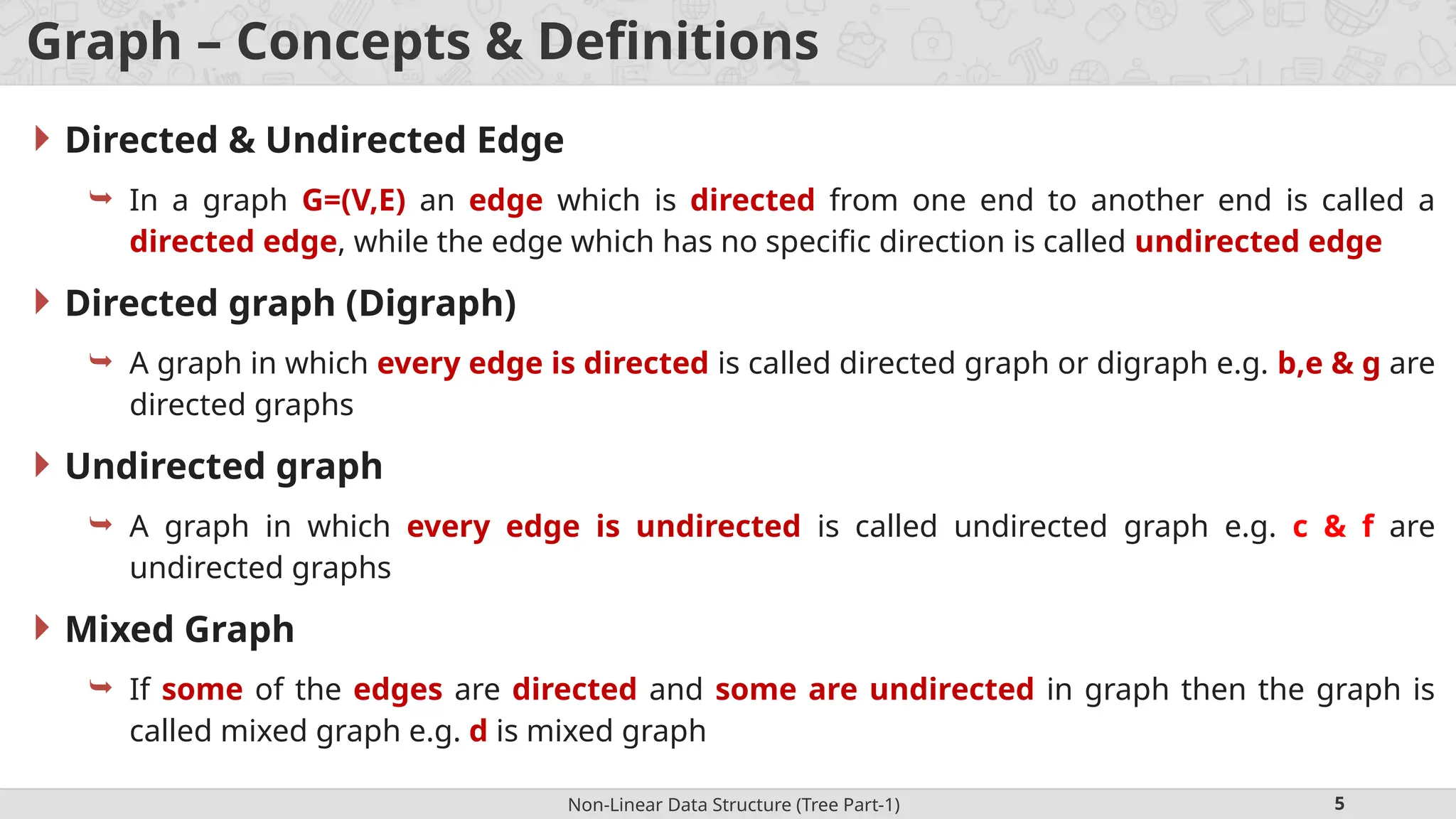 Non-Linear Data Structure (Tree Part-1) 5 Graph – Concepts & Definitions  Directed & Undirected Edge  In a graph G=(V,E) an edge which is directed from one end to another end is called a directed edge, while the edge which has no specific direction is called undirected edge  Directed graph (Digraph)  A graph in which every edge is directed is called directed graph or digraph e.g. b,e & g are directed graphs  Undirected graph  A graph in which every edge is undirected is called undirected graph e.g. c & f are undirected graphs  Mixed Graph  If some of the edges are directed and some are undirected in graph then the graph is called mixed graph e.g. d is mixed graph 