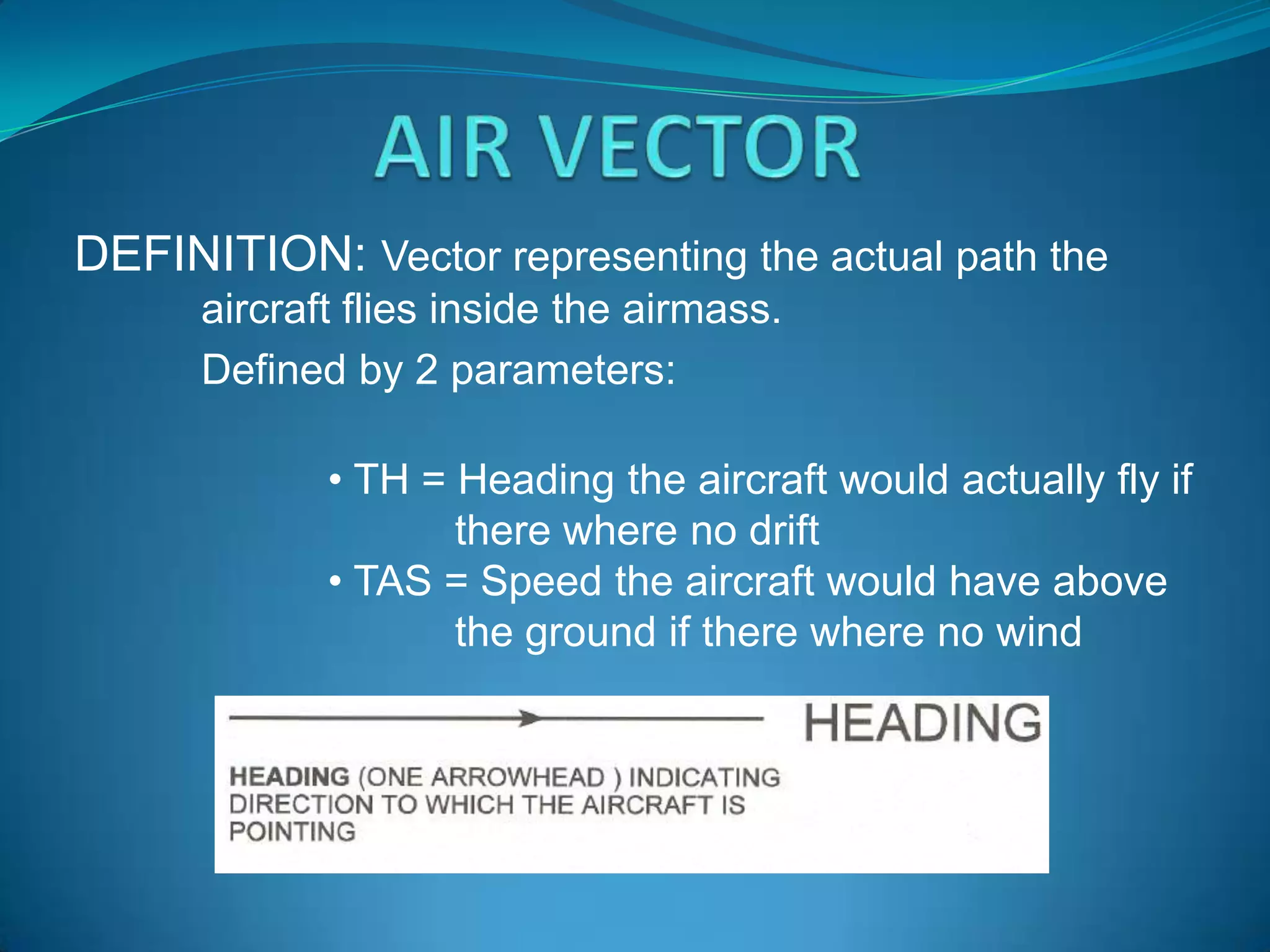DEFINITION: Vector representing the actual path the
      aircraft flies inside the airmass.
      Defined by 2 parameters:

             • TH = Heading the aircraft would actually fly if
                    there where no drift
             • TAS = Speed the aircraft would have above
                    the ground if there where no wind
 