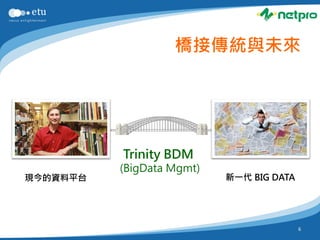 橋接傳統與未來




          Trinity BDM
          (BigData Mgmt)
現今的資料平台                    新一代 BIG DATA




                                          6
 