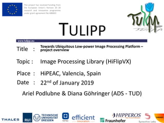 This project has received funding from
the European Union’s Horizon 20 20
research and innovation programme
under grant agreement No 688403
www.tulipp.eu
TULIPP
Title :
Place :
Date :
Towards Ubiquitous Low-power Image Processing Platform –
project overview
HiPEAC, Valencia, Spain
22nd of January 2019
Topic : Image Processing Library (HiFlipVX)
Ariel Podlubne & Diana Göhringer (ADS - TUD)
 