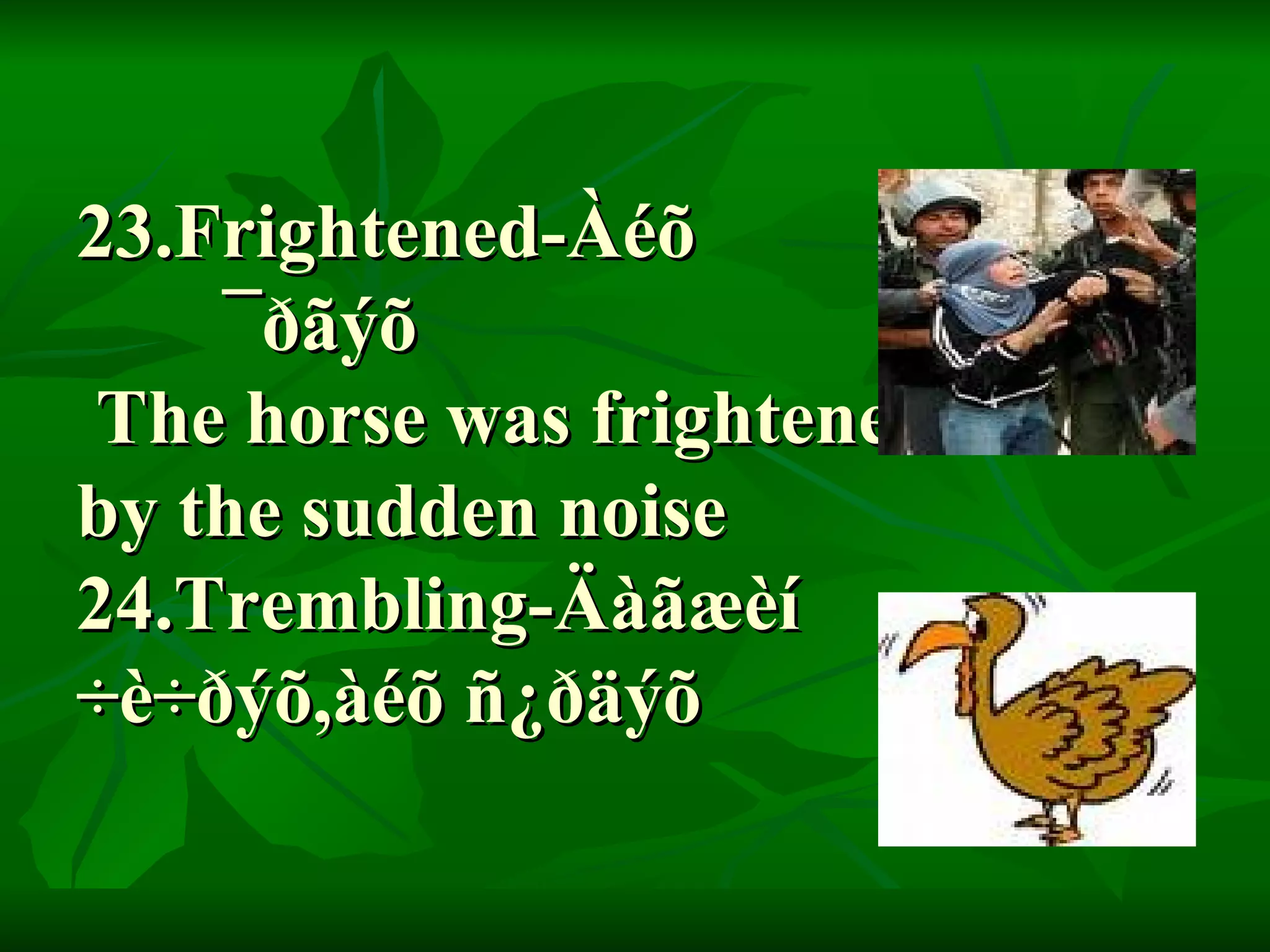 23.Frightened-Àéõ  ¯ðãýõ  The horse was frightened by the sudden noise  24.Trembling-Äàãæèí ÷è÷ðýõ,àéõ ñ¿ðäýõ 