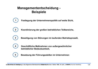 Managemententscheidung -
                           Beispiele

                1          Festlegung der Unternehmenspolitik auf weite Sicht,



                2         Koordinierung der großen betrieblichen Teilbereiche,


               3          Beseitigung von Störungen im laufenden Betriebsprozeß,


                4         Geschäftliche Maßnahmen von außergewöhnlicher
                          betrieblicher Bedeutsamkeit,

               5          Besetzung der Führungsstellen im Unternehmen



Quelle: Wöhe, G.: Einführung in die Allgemeine Betriebswirtschaftslehre. München: Vahlen 1996, 19. Aufl., S. SRH Hochschule Heidelberg
  Ökonomische Grundlagen                                      Tobias Illig                                   94-101                      129
 