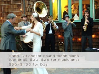 Band, DJ and/or sound technicians
(optional): $20-$25 for musicians;
$50-$150 for DJs
 