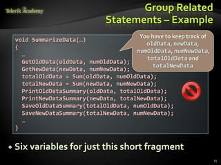 Group Related
                             Statements – Example
                                      You have to keep track of
 void SummarizeData(…)
                                        oldData, newData,
 {
                                     numOldData, numNewData,
   …
                                        totalOldData and
   GetOldData(oldData, numOldData);
                                          totalNewData
   GetNewData(newData, numNewData);
   totalOldData = Sum(oldData, numOldData);
   totalNewData = Sum(newData, numNewData);
   PrintOldDataSummary(oldData, totalOldData);
   PrintNewDataSummary(newData, totalNewData);
   SaveOldDataSummary(totalOldData, numOldData);
   SaveNewDataSummary(totalNewData, numNewData);
   …
 }


 Six variables   for just this short fragment
                                                                  25
 