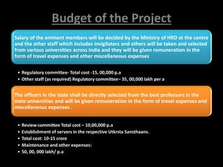 Budget of the Project
Salary of the eminent members will be decided by the Ministry of HRD at the centre
and the other staff which includes invigilators and others will be taken and selected
from various universities across India and they will be given remuneration in the
form of travel expenses and other miscellaneous expenses
• Regulatory committee- Total cost -15, 00,000 p.a
• Other staff (as required) Regulatory committee– 35, 00,000 lakh per annum
The officers in the state shall be directly selected from the best professors in the
state universities and will be given remuneration in the form of travel expenses and
miscellaneous expenses .
• Review committee Total cost – 10,00,000 p.a
• Establishment of servers in the respective Utkrsta Sansthaans.
• Total cost: 10-15 crore
• Maintenance and other expenses:
• 50, 00, 000 lakh/ p.a
 