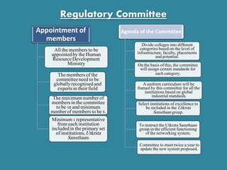 Regulatory Committee
Appointment of
members
All the members to be
appointedby the Human
Resource Development
Ministry
The members of the
committeeneed to be
globallyrecognised and
expertsin their field
The maximum number of
members in the committee
to be 10 and minimum
numberof members to be 5.
Minimum1 representative
from each institution
includedin the primary set
of institutions,Utkrsta
Sansthaan.
Agenda of the Committee
Divide colleges into different
categories based on the level of
infrastructure, faculty, placements
and potential.
On the basis of this, the committee
will assign certain standards for
each category.
A uniform curriculum will be
framed by this committee for all the
institutions based on global
industrial standards
Select institutions of excellence to
be included in the Utkrsta
Sansthaan group.
To instruct the Utkrsta Sansthaan
group in the efficient functioning
of the networking system.
Committee to meet twice a year to
update the new system proposed.
 