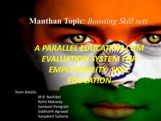 Manthan Topic: Boosting Skill sets
Team Details:
M R Nachiket
Rohit Mohanty
Sambeet Panigrahi
Siddharth Agrawal
Suryakant Sultania
A PARALLEL EDUCATION CUM
EVALUATION SYSTEM FOR
EMPLOYABILITY SKILL
EDUCATION
 