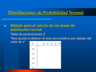 Distribuciones de Probabilidad Normal

    Método para el calculo de las áreas de
     distribución normal
     Tabla de puntuaciones Z:
     “Nos ayuda a obtener el área acumulativa por debajo del
     valor de z”
 