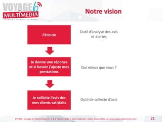 #VEM6 - Voyage en Multimédia 4 | 5 & 6 Février 2015 | Saint-Raphaël - Slides disponibles sur www.salon-etourisme.com 21
Notre vision
J’écoute
Je donne une réponse
et si besoin j’ajuste mes
prestations
Je sollicite l’avis des
mes clients satisfaits
Outil d’analyse des avis
et alertes
Qui mieux que vous ?
Outil de collecte d’avis
 