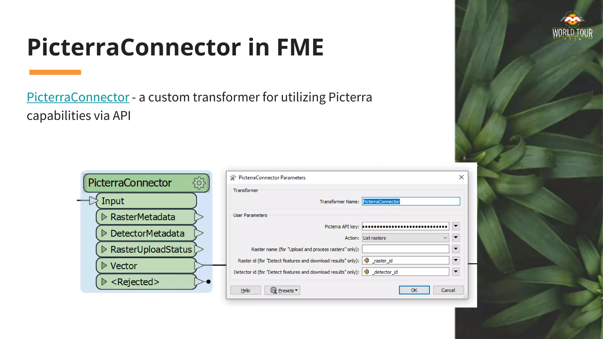 PicterraConnector in FME
PicterraConnector - a custom transformer for utilizing Picterra
capabilities via API
 