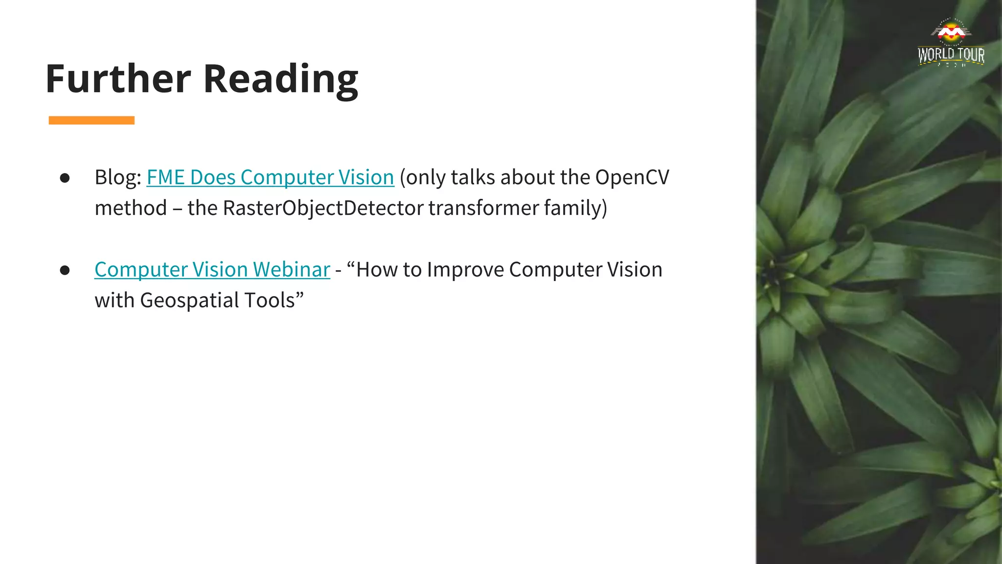 Further Reading
● Blog: FME Does Computer Vision (only talks about the OpenCV
method – the RasterObjectDetector transformer family)
● Computer Vision Webinar - “How to Improve Computer Vision
with Geospatial Tools”
 