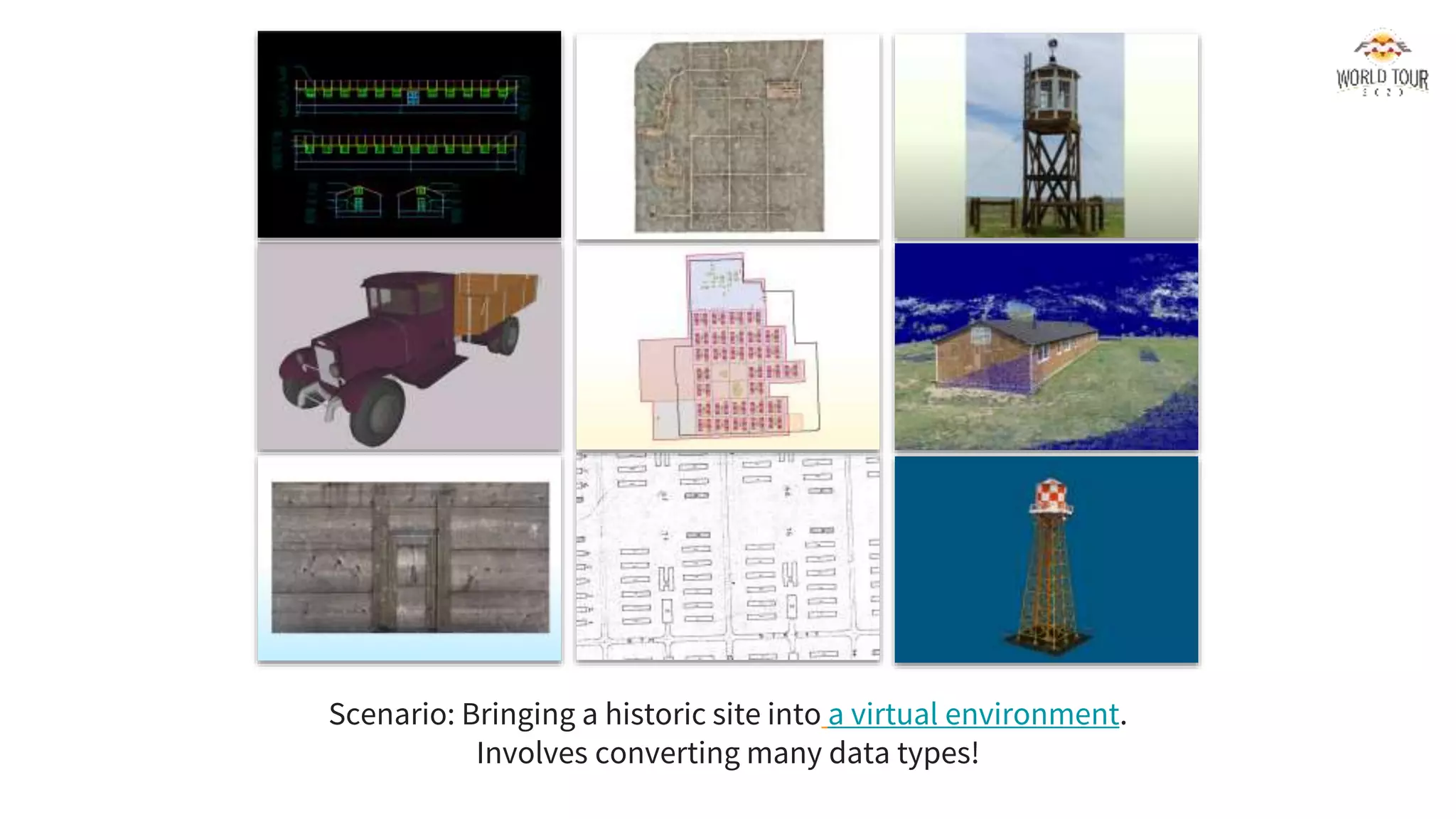 Scenario: Bringing a historic site into a virtual environment.
Involves converting many data types!
 