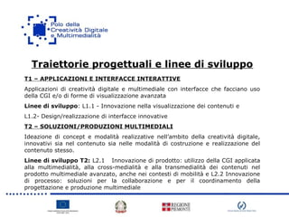 Traiettorie progettuali e linee di sviluppo
T1 – APPLICAZIONI E INTERFACCE INTERATTIVE
Applicazioni di creatività digitale e multimediale con interfacce che facciano uso
della CGI e/o di forme di visualizzazione avanzata
Linee di sviluppo: L1.1 - Innovazione nella visualizzazione dei contenuti e
L1.2- Design/realizzazione di interfacce innovative
T2 – SOLUZIONI/PRODUZIONI MULTIMEDIALI
Ideazione di concept e modalità realizzative nell’ambito della creatività digitale,
innovativi sia nel contenuto sia nelle modalità di costruzione e realizzazione del
contenuto stesso.
Linee di sviluppo T2: L2.1 Innovazione di prodotto: utilizzo della CGI applicata
alla multimedialità, alla cross-medialità e alla transmedialità dei contenuti nel
prodotto multimediale avanzato, anche nei contesti di mobilità e L2.2 Innovazione
di processo: soluzioni per la collaborazione e per il coordinamento della
progettazione e produzione multimediale
 