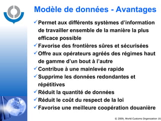 Permet aux différents systèmes d’information de travailler ensemble de la manière la plus efficace possible Favorise des frontières sûres et sécurisées Offre aux opérateurs agréés des régimes haut de gamme d’un bout à l’autre  Contribue à une mainlevée rapide Supprime les données redondantes et répétitives Réduit la quantité de données  Réduit le coût du respect de la loi Favorise une meilleure coopération douanière  Modèle de données - Avantages 