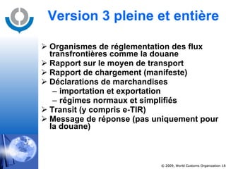 Organismes de réglementation des flux transfrontières comme la douane  Rapport sur le moyen de transport Rapport de chargement (manifeste)  Déclarations de marchandises  importation et exportation  régimes normaux et simplifiés Transit (y compris e-TIR) Message de réponse (pas uniquement pour la douane) Version 3 pleine et entière 