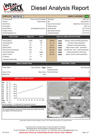 Diesel Analysis Report
PASS
Percent Bio Diesel
0 ml free water in sample
SAMPLE NO BS27569 06
Company Name: Clean Living Technologies
Work Phone:
Fax Number:
Email Address: johann@cleanliving.co.za
Description Bulk Tank
Site Shell Pretoria
Sample Volume 1000
Sampling Date 2011/10/18
Date sample received 2011/10/18
Test Date (Sample) 2011/10/18
Density @ 20°C 0.8255
Viscosity @ 40°C 3.0
Sulphur Content 17
Total Acid Number
IBP 172
10 207
20 229
30 246
40 261
50 276
60 289
70 306
80 326
90 354
FBP 378
% Re 97.7
% Residue 1.8
The sample supplied conforms with SANS specification (SANS 342:2006)
with respect to the tests performed.
Contact: Johan Pienaar
Type of Fuel Container WearCheck Fuel Container
TESTS DONE RESULTS UNITS SANS 342 (2006) SPECIFICATIONS
90% Recovery Temperature 354
Total Contamination 10.4
Calculated Cetane Index 56.2
VISUAL INSPECTIONS ADDITIONAL TESTS
DISTILLATION AND GRAPH IMAGE OF DEBRIS
DIAGNOSTIC INTERPRETATION AND OPINION:
Kg/L
cSt
°C
%
°C
mg/kg
ppm
%
0.800min
2.2 - 5.3
55 min.
0.05 max.
362 max.
24 max.
500 max.
PASS Density is within the SANS specifications
PASS
Visible Water: None Observed
Colour of Fuel: Straw Yellow
Appearance: Clear
Bacteria Not Requested
Normal distillation - no dehydration of sample was required
Water Content 0.00
°C
°C
°C
°C
°C
°C
°C
°C
°C
°C
°C
Flashpoint 69 PASS
PASS
PASS
ml
PASS
PASS
Viscosity is within specification
Flashpoint is within specifications.
Water content is within specification
The 90% Rec. Temp. is within specification
Total Contamination is within spec.
Sulphur Content is within specification
Issued subject to Standard Conditions (avaliable on request) - NOTE: Sample results are based on the sample RECEIVED.
Chassis number:
Vehicle Registration no:
SAMPLE CONFORMITY YES
%
100
150
200
250
300
350
400
10 20 30 40 50 60 70 80 90 FBP
WEARCHECK AFRICA IS A REGISTERED ISO 9001 AND ISO 14001 COMPANY2011/10/19 Page 1 of 1
WearCheck Africa, Set Point Building, 30 Electron Rd, Isando, 1630
The test report shall not be reproduced except in full, without written approval of the laboratory
Tel: (031) 700-5460 / (011) 392-6322, Fax: (031) 700-5471 / (011) 392-6350 or Email: support@wearcheck.co.za
 