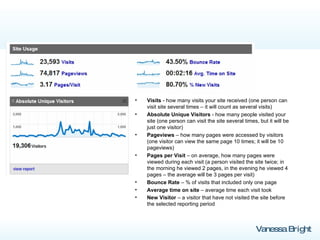 Visits  - how many visits your site received (one person can visit site several times – it will count as several visits) Absolute Unique Visitors  - how many people visited your site (one person can visit the site several times, but it will be just one visitor) Pageviews  – how many pages were accessed by visitors (one visitor can view the same page 10 times; it will be 10 pageviews) Pages per Visit  – on average, how many pages were viewed during each visit (a person visited the site twice; in the morning he viewed 2 pages, in the evening he viewed 4 pages – the average will be 3 pages per visit) Bounce Rate  – % of visits that included only one page  Average time on site  – average time each visit took New Visitor  – a visitor that have not visited the site before the selected reporting period   