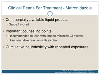 Clinical Pearls For Treatment - Metronidazole
 Commercially available liquid product
 Grape flavored
 Important counseling points
 Recommended to take with food to minimize GI effects
 Disulfuram-like reaction with alcohol
 Cumulative neurotoxicity with repeated exposures
Lamp KC, et al. Clin Pharmacokinet 1999;36(5):353-373.
Metronidazole [prescribing information] Sellersville, PA: Teva; 2011.
 