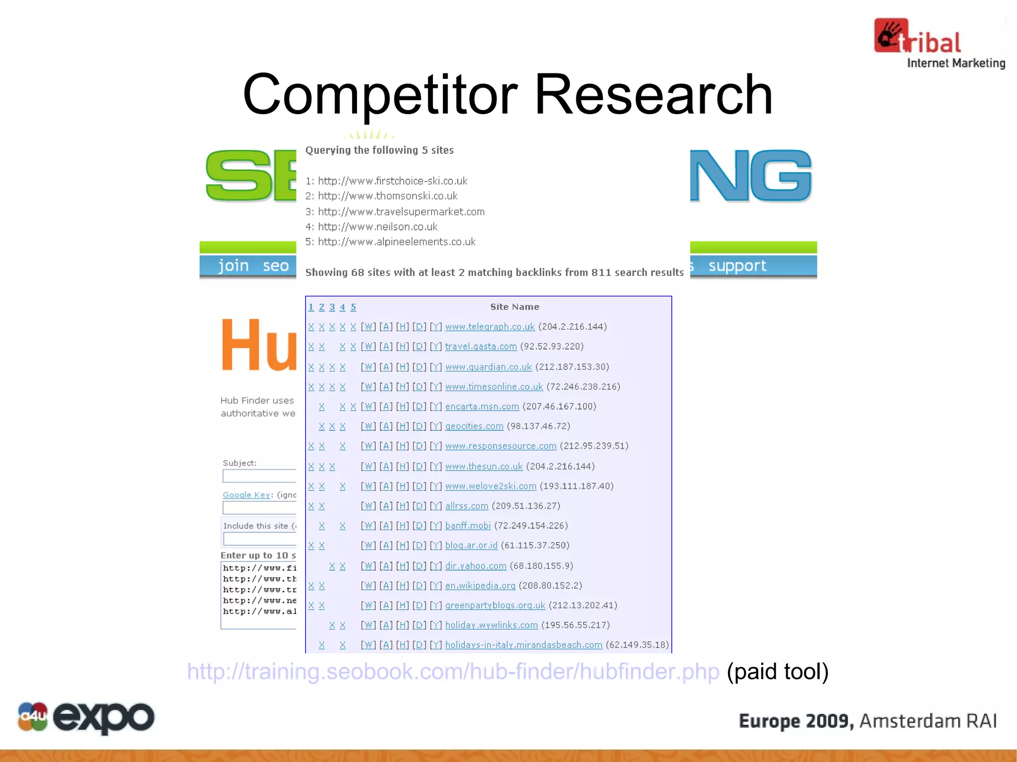 Competitor Research http:// training.seobook.com / hub-finder / hubfinder.php  (paid tool)‏ 