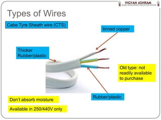 Types of Wires
Cabe Tyre Sheath wire (CTS)
                                  tinned copper



    Thicker
    Rubber/plastic

                                           Old type: not
                                           readily available
                                           to purchase



                              Rubber/plastic
 Don’t absorb moisture

 Available in 250/440V only
 