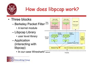 How does libpcap work?
• Three blocks
– Berkeley Packet Filter
• A kernel module
– Libpcap Library
• user level library
– Application
(interacting with
libpcap)
• In our case Wireshark!
 