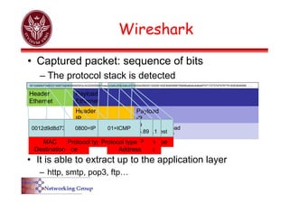 Payload
IP
Header
IP
Payload
Ethernet
Header
Ethernet
Header
ICMP
Payload
ICMP
ICMP Type
08
ping request
Destination
IP Address
c0a8cd01
191.168.205.1
002219df27bb
MAC
Source
MAC
Destination
0012d9d8d734
Wireshark
• Captured packet: sequence of bits
– The protocol stack is detected
Protocol type
0800=IP
Source IP
Address
c0a8cd59
192.168.205.89
Protocol type
01=ICMP
0012d9d8d734002219df27bb08004500003c343200008001eae2c0a8cd59c0a8cd0108004d56000100056162636465666768696a6b6c6d6e6f7071727374757677616263646566……..
• It is able to extract up to the application layer
– http, smtp, pop3, ftp…
 