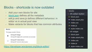 Blocks - shortcode is now outdated
- Add your own blocks for site
- block.json defines all the metadata
- edit.js and save.js defines different behaviour, in
editor vs in actual post view
- Make variants for blocks that has common attributes
https://developer.wordpress.org/block-editor/
 