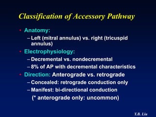 Classification of Accessory Pathway
• Anatomy:
  – Left (mitral annulus) vs. right (tricuspid
    annulus)
• Electrophysiology:
  – Decremental vs. nondecremental
  – 8% of AP with decremental characteristics
• Direction: Anterograde vs. retrograde
  – Concealed: retrograde conduction only
  – Manifest: bi-directional conduction
    (* anterograde only: uncommon)

                                                 Y.B. Liu
 