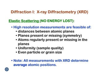 takenfrombdhuey
Diffraction I: X-ray Diffractometry (XRD)
Elastic Scattering (NO ENERGY LOST):
• High resolution measurements are feasible of:
• distances between atomic planes
• Planes present or missing (symmetry)
• Atoms regularly present or missing in the
planes
• Uniformity (sample quality)
• Even particle or grain size
• Note: All measurements with XRD determine
average atomic positions.
 