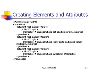 Creating Elements and Attributes <?xml version="1.0"?> <students> <student first_name="Raju"> <id>101</id> <remarks> A student who is not at all sincere!</remarks> </student> <student first_name="Aarati"> <id>102</id> <remarks> A student who is really quite dedicated to her studies!</remarks> </student> <student first_name="Rajani"> <id>103</id> <remarks> A student who is awesome!</remarks> </student> </students> 