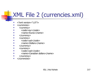 XML File 2 (currencies.xml) <?xml version="1.0"?> <currencies> <currency> <code>eur</code> <name>Euros</name> </currency> <currency> <code>usd</code> <name>Dollars</name> </currency> <currency> <code>cad</code> <name>Canadian dollars</name> </currency> </currencies> 