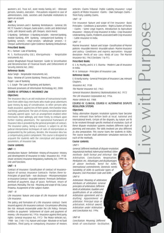 women’s A/C, Trust A/C, Joint Hindu family A/C - Illiterate
persons, lunatics, executors - Precautions required in case of
administrators, clubs, societies and charitable institutions to
open an account
UNIT – VUNIT – VUNIT – VUNIT – VUNIT – V
Ancillary Services and E- Banking: Remittances - General, DD,
MT, TT, Traveler’s cheques, bank orders, credit card, debit/smart
cards, safe deposit vaults, gift cheques, stock invest.
E-Banking -Definition–E-Bankingincludes- Internetbanking,
mobile banking, ATM banking, computerized banking –E-
banking services – retail services – wholesale services – E-
Cheque-authentication-Cyber Evidence-Banking Ombudsman.
PrPrPrPrPrescribed Books:escribed Books:escribed Books:escribed Books:escribed Books:
M. L. Tannan- Law of Banking.
M. S. Parthasarathy (Ed.), Khergamvala - Negotiable
Instruments Act.
Justice Bhaghabati Prasad Banerjee- Guide to Securitisation
and Reconstruction of Financial Assets and Enforcement of
Security Interest Act, 2002.
ReferReferReferReferReferencencencencence Books:e Books:e Books:e Books:e Books:
Avtar Singh – Negotiable Instruments Act.
Basu - Review of Current Banking: Theory and Practice.
Paget- Law of Banking.
L. C. Goyle- The Law of Banking and Bankers.
Relevant provisions of Information Technology Act, 2000
COURCOURCOURCOURCOURSE-III: OPSE-III: OPSE-III: OPSE-III: OPSE-III: OPTIONALTIONALTIONALTIONALTIONAL-II: INSURA-II: INSURA-II: INSURA-II: INSURA-II: INSURANCE LANCE LANCE LANCE LANCE LAWWWWW
ObjecObjecObjecObjecObjectivtivtivtivtives:es:es:es:es:
The insurance idea is an old-institution of transactional trade.
Even from olden days merchants who made great adventures
gave money by way of consideration, to other persons who
made assurance, against loss of their goods, merchandise ships
and things adventured. The rates of money consideration were
mutually agreed upon. Such an arrangement enabled other
merchants more willingly and more freely to embark upon
further trading adventures. The operational framework of
insuranceideaisprovidedbythegeneralprinciplesofcontract.
The insurance policy, being a contract, is subject to all the
judicial interpretative techniques of rules of interpretation as
propounded by the judiciary. Besides, the insurance idea has
a compensatory justice component. This course is designed to
acquaint the students with the conceptual and operational
parameters, of insurance law.
Course cCourse cCourse cCourse cCourse contents:ontents:ontents:ontents:ontents:
UNIT – IUNIT – IUNIT – IUNIT – IUNIT – I
Introduction: Nature- Definition- History of Insurance- History
and development of Insurance in India- Insurance Act, 1938-
(main sections) Insurance Regulatory Authority Act, 1999: Its
role and functions.
UNIT – IIUNIT – IIUNIT – IIUNIT – IIUNIT – II
Contract of Insurance: Classification of contract of Insurance-
Nature of various Insurance Contracts- Parties there to-
Principles of good faith – non disclosure – Misrepresentation
in Insurance Contract- Insurable Interest- Premium: Definition-
method of payment, days of grace, forfeiture, return of
premium, Mortality; The risk – Meaning and scope of risk, Causa
Proxima, Assignment of the subject matter.
UNIT – III
Life Insurance: Nature and scope of Life Insurance- Kinds of
Life Insurance.
The policy and formation of a life insurance contract- Event
insured against Life Insurance contract- Circumstance affecting
the risk- Amount recoverable under the Life Policy- Persons
entitles to payment- Settlement of claim and payment of
money- Life Insurance Act, 1956- Insurance against third party
rights- General Insurance Act, 1972- The Motor Vehicles Act,
1988 – Sec. (140-176), Nature and scope- Absolute or no fault
liabilities, Third party or compulsory insurance of motors
vehicles- Claims Tribunal- Public Liability Insurance –Legal
aspects of Motor Insurance –Claims – Own Damages Claims –
Third Party Liability Claims.
UNIT – IV
Fire Insurance: Nature and scope of Fire Insurance –Basic
Principles – Conditions & Warranties – Right & Duties of Parties
– Claims – Some Legal Aspects. Introduction to Agriculture
Insurance – History of Crop Insurance in India – Crop Insurance
Underwriting, Claims, Problems associated with Crop Insurance
– Cattle Insurance in India.
UNIT – V
Marine Insurance: Nature and Scope- Classification of Marine
policies- Insurable interest- Insurable values- Marine insurance
and policy- Conditions and express warranties- Voyage
deviation- Perils of sea- Loss- Kinds of Loss- The Marine
Insurance Act, 1963 (Sections 1 to 91).
PrPrPrPrPrescribed Books:escribed Books:escribed Books:escribed Books:escribed Books:
K. S. N. Murthy and K. V. S. Sharma - Modern Law of Insurance
in India.
M. H. Srinivasan - Principles of Insurance Law.
ReferReferReferReferReferencencencencence Books:e Books:e Books:e Books:e Books:
E. R.Hardy Ivamy - General Principles of Insurance Law, relevant
Chapters.
Insurance Act, 1938.
The Marine Insurance Act, 1963.
General Insurance (Business) (Nationalization) Act, 1972.
The Life Insurance Corporation Act, 1956.
Motor Vehicle Act, 1988.
COURCOURCOURCOURCOURSE-IV: CLINICSE-IV: CLINICSE-IV: CLINICSE-IV: CLINICSE-IV: CLINICAL COURAL COURAL COURAL COURAL COURSE-II: ALSE-II: ALSE-II: ALSE-II: ALSE-II: ALTERNATERNATERNATERNATERNATIVE DISPUTETIVE DISPUTETIVE DISPUTETIVE DISPUTETIVE DISPUTE
RERERERERESSSSSOLOLOLOLOLUTION SYSUTION SYSUTION SYSUTION SYSUTION SYSTEMSTEMSTEMSTEMSTEMS
ObjecObjecObjecObjecObjectivtivtivtivtives:es:es:es:es:
Today alternative disputes resolution systems have become
more relevant than before both at local, national and
international levels. Certain of the disputes, by nature are fit
to be resolved through specific method of resolution. Each of
these dispute resolution systems involves different style of
planning and execution. The skills involved are also different
as also preparation. This course trains the students in ADRs.
The course teacher shall administer simulation exercises for
each of the methods.
Course cCourse cCourse cCourse cCourse contents:ontents:ontents:ontents:ontents:
UNIT-I
General;Differentmethodsofdisputeresolution;
Inquisitorialmethod;Adversarialmethod;Other
methods- both formal and informal- like
Arbitration, Conciliation, Negotiation,
Mediation,etc.;Advantagesanddisadvantages
of above methods; Need for ADRs;
International commitments; Domestic needs;
Suitability of ADRs to particular types of
disputes; Civil Procedure Code and ADRs
UNIT-II
Arbitration: Meaning of arbitration;
Attributes of arbitration; General
principles of arbitration; Different
kindsofarbitration;Qualitiesand
qualifications of an arbitrator;
Arbitration agreement and its
drafting; Appointment of
arbitrator; Principal steps in
arbitration; Arbitral award;
Arbitration under Arbitration
and Conciliation Act, 1996.
UNIT-III
Conciliation: Meaning; Different
kinds of conciliation- facilitative,
 