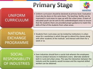 • Uniform curriculum should be declared at primary level. Evaluation
must also be done on the same basis. The teaching facility can be
improved in rural areas to cope up with the urban areas. A team of
educated youth can be sent to the underdeveloped areas to ensure
that the students there are provided proper guidance to match the
skills of that of the students from urban areas.
UNIFORM
CURRICULUM
• Students from rural areas can be invited by institutions in urban
areas for a workshop in which they get to attend the classes along
with other students of the institute and interact with them for a
week or so.
NATIONAL
EXCHANGE
PROGRAMME
• Even industries should form a social club wherein the employees
have to conduct lectures in institutions every alternate weekend
both in rural and urban areas, This way the interaction between the
industry and the students would increase and the required skilled
workers can be obtained.
SOCIAL
RESPONSIBILITY
OF INDUSTRIES 3
 