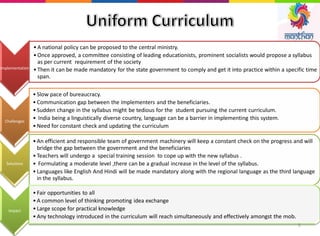 Implementation
• A national policy can be proposed to the central ministry.
• Once approved, a committee consisting of leading educationists, prominent socialists would propose a syllabus
as per current requirement of the society
• Then it can be made mandatory for the state government to comply and get it into practice within a specific time
span.
Challenges
• Slow pace of bureaucracy.
• Communication gap between the implementers and the beneficiaries.
• Sudden change in the syllabus might be tedious for the student pursuing the current curriculum.
• India being a linguistically diverse country, language can be a barrier in implementing this system.
• Need for constant check and updating the curriculum
Solutions
• An efficient and responsible team of government machinery will keep a constant check on the progress and will
bridge the gap between the government and the beneficiaries
• Teachers will undergo a special training session to cope up with the new syllabus .
• Formulating a moderate level ,there can be a gradual increase in the level of the syllabus.
• Languages like English And Hindi will be made mandatory along with the regional language as the third language
in the syllabus.
Impact
• Fair opportunities to all
• A common level of thinking promoting idea exchange
• Large scope for practical knowledge
• Any technology introduced in the curriculum will reach simultaneously and effectively amongst the mob.
5
 