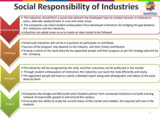 Implementation
• The industries should form a social club wherein the employees have to conduct lectures in institutions
every alternate weekend both in rural and urban areas.
• The companies can select student ambassadors from developed institutions for bridging the gap between
the institution and the industries.
• Industries can adopt areas so as to create an ideal model to be followed
Challenges
• Small scale industries will not be in a position to participate or contribute.
• Success of the program may depend on the industry and their timely contribution
• To keep a check on the work done by the appointed people and their progress as per the strategy planned by
the company.
Solutions
• The industries will be recognized by the mob, and their outcomes can be publicized in the market.
• Through student ambassadors of institutions the industries can reach the mob efficiently and easily.
• The appointed people will have to submit a detailed report along with photographs and videos of the work
done by them.
Impact
• Companies like Google and Microsoft select Student partner from renowned institutions to build a strong
network of responsible people in and around the campus.
• It inculcates the ability to study the current status of the market and imbibes the required skill sets in the
students.
7
 
