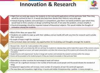 9
Implementation
• Right from an early age expose the students to the real world applications of that particular field. Then they
would be inclined to learn it. It would also help them decide their field at a very early age.
• Instead of giving students overused topics in competitions, give them real world problems upon which they
would have to find a solution or design something that will, if not solve the problem, at least simplify it.
• Practical knowledge should be imparted instead of theoretical subjects. This would imbibe the thought of
innovation among the students
•
•
Challenges
• Most of the ideas are spoon fed.
• Students are unable to cope up with their syllabus and are hardly left with any time for research work outside
their curriculum.
• A couple of topics might be repeated
• The curriculum does not involve any opportunities for inculcating such thoughts amongst the students
Solutions
• Research labs should be made available in the campus
• Collaborations with committees like IEEE etc will help the students to develop ideas and to make them aware of the current scenario
• The newly designed curriculum with paper presentation and ideas like outsourcing of the students will enhance the research and
innovation.
• Student forums with experienced faculty In charge will monitor and motivate the research activities within the campus
• Grants will be provided to the student projects if they are indeed remarkable in that particular field.
Impact
• Dependency on other countries for technological needs will reduce.
• There will be a significant increase in the number of technically sound people and this would elevate the standard of
living.
• Employment opportunities will increase, more number of companies all over the world will approach.
• The new Ideas and innovations might bring in laurels and imbibe Entrepreneurship qualities in many amongst us.
 