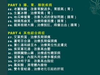 PART 3  腸、胃、膀胱疾病  22. 老薑燉雞，改善胃酸過多、胃脹氣（胃）  23. 生薑冰糖，治療胃痛（胃）  24. 地瓜蜂蜜膏，改善九成的便秘問題（腸胃）  25. 豬腸馬齒莧，治療痔瘡困擾（腸胃）  26. 龍葵根豬大腸，治療脫肛、痔瘡出血（腸胃） PART 4  其他綜合病症  27. 艾葉煎蛋，治療長期頭痛  28. 蘆筍百合湯，治療長期偏頭痛  29. 薏仁湯和綠豆水，治療異位性皮膚炎  30. 紫菜蔥花湯，改善高血壓  31. 豬胰臟燉山藥，治療虛性糖尿病  32. 蛋黃油，內服外用治療多種疾病  33. 炒決明子茶，改善高血脂症  34. 鳳梨醋，清理體內廢物  35. 雙冬雪蛤湯，治療老化引起的肝斑 