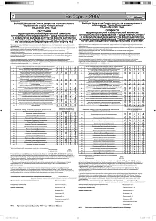 7                                                                             Выборы - 2007                                                                                НАШ Íîâîóëüÿíîâñê
                                                                                                                                                                                        ГОРОД
                                                                                                                                                                                  № 50 (182) 8 декабря 2007 г.
       Экземпляр № ______                                                                              Экземпляр № ______
              Выборы депутатов Совета депутатов муниципального                                                Выборы депутатов Совета депутатов муниципального
                     образования "Город Новоульяновск"                                                               образования "Город Новоульяновск"
                            02 декабря 2007 года                                                                            02 декабря 2007 года

                             ПРОТОКОЛ                                                                                       ПРОТОКОЛ
              территориальной избирательной комиссии                                                         территориальной избирательной комиссии
         муниципального образования “Город Новоульяновск”                                               муниципального образования “Город Новоульяновск”
          о результатах выборов депутатов Совета депутатов                                               о результатах выборов депутатов Совета депутатов
         муниципального образования “Город Новоульяновск”                                               муниципального образования “Город Новоульяновск”
            по трехмандатному избирательному округу №3                                                   по четырехмандатному избирательному округу №4
       Число участковых избирательных комиссий, образованных на территории муниципального              Число участковых избирательных комиссий, образованных на территории муниципального
       образования                                                                 2                   образования                                                         5
       Число поступивших протоколов участковых избирательных комиссий об итогах голосования, на        Число поступивших протоколов участковых избирательных комиссий об итогах голосования, на
       основании которых составлен данный протокол                                 2                   основании которых составлен данный протокол                         5
       Число избирательных участков, итоги голосования по которым были признаны                        Число избирательных участков, итоги голосования по которым были признаны
       недействительными                                                           0                   недействительными                                                   0
       Суммарное число избирателей, включенных в списки избирателей на момент окончания                Суммарное число избирателей, включенных в списки избирателей на момент окончания
       голосования на избирательных участках, итоги голосования по которым были признаны               голосования на избирательных участках, итоги голосования по которым были признаны
       недействительными                                                           0                   недействительными                                                   0

       После предварительной проверки правильности составления протоколов участковых                   После предварительной проверки правильности составления протоколов участковых
       избирательных комиссий об итогах голосования территориальная избирательная                      избирательных комиссий об итогах голосования территориальная избирательная
       комиссия путем суммирования данных, содержащихся в указанных протоколах участковых              комиссия путем суммирования данных, содержащихся в указанных протоколах участковых
       избирательных комиссий, у с т а н о в и л а :                                                   избирательных комиссий, у с т а н о в и л а :

                  Число избирателей, внесенных в список избирателей                                              Число избирателей, внесенных в список избирателей
            1               на момент окончания голосования            0      3       1      7     8      1                на момент окончания голосования
                                                                                                                    Число избирательных бюллетеней, полученных
                                                                                                                                                                                0       4      3       3       0
                     Число избирательных бюллетеней, полученных
            2             участковой избирательной комиссией           0      2       7      5     0      2              участковой избирательной комиссией
                                                                                                                     Число избирательных бюллетеней, выданных
                                                                                                                                                                                0       3      8       8       9
                      Число избирательных бюллетеней, выданных
            3           избирателям, проголосовавшим досрочно          0      0       0      1     6      3            избирателям, проголосовавшим досрочно
                                                                                                                     Число избирательных бюллетеней, выданных
                                                                                                                                                                                0       0      0       2       1
                      Число избирательных бюллетеней, выданных
                       избирателям, проголосовавшим досрочно в                                                        избирателям, проголосовавшим досрочно в
                  помещении избирательной комиссии муниципального                                                помещении избирательной комиссии муниципального
                      образования, в помещении территориальной                                                       образования, в помещении территориальной
            4                   избирательной комиссии                 0      0       0      0     6      4                    избирательной комиссии
                                                                                                                     Число избирательных бюллетеней, выданных
                                                                                                                                                                                0       0      0       0       3
                      Число избирательных бюллетеней, выданных
                    избирателям в помещении для голосования в день                                                 избирателям в помещении для голосования в день
            5                         голосования                      0      2       0      1     7      5                          голосования
                                                                                                                     Число избирательных бюллетеней, выданных
                                                                                                                                                                                0       2      5       2       2
                      Число избирательных бюллетеней, выданных
                   избирателям, проголосовавшим вне помещения для                                                 избирателям, проголосовавшим вне помещения для
            6                голосования в день голосования            0 0 1 1 4                          6                 голосования в день голосования                      0 0 1 9 0
            7         Число погашенных избирательных бюллетеней        0 0 6 0 9                          7          Число погашенных избирательных бюллетеней
                                                                                                                   Число избирательных бюллетеней, содержащихся в
                                                                                                                                                                                0 1 1 5 9
                    Число избирательных бюллетеней, содержащихся в
            8              переносных ящиках для голосования           0 0 1 1 7                          8               переносных ящиках для голосования
                                                                                                                   Число избирательных бюллетеней, содержащихся в
                                                                                                                                                                                0 0 1 9 0
                    Число избирательных бюллетеней, содержащихся в
            9             стационарных ящиках для голосования          0 2 0 2 7                          9              стационарных ящиках для голосования                    0 2 5 3 7
           10      Число недействительных избирательных бюллетеней     0 0 0 3 4                          10      Число недействительных избирательных бюллетеней               0 0 0 7 4
           11       Число действительных избирательных бюллетеней      0 2 1 1 0                          11       Число действительных избирательных бюллетеней                0 2 6 5 3
           12         Число утраченных избирательных бюллетеней        0 0 0 0 0                          12         Число утраченных избирательных бюллетеней
                                                                                                                    Число не учтенных при получении избирательных
                                                                                                                                                                                0 0 0 0 0
                     Число не учтенных при получении избирательных
           13                         бюллетеней                       0 0 0 0 0                          13                         бюллетеней                                 0 0 0 0 0
                                                                                                                                                                                Число голосов избирателей,
                                                                       Число голосов избирателей,
                                                                           поданных за каждого                                                                                      поданных за каждого
                Фамилии, имена, отчества кандидатов, внесенных в           зарегистрированного                 Фамилии, имена, отчества кандидатов, внесенных в                     зарегистрированного
                           избирательный бюллетень                              кандидата                                 избирательный бюллетень                                        кандидата
           14                  Бурдина Тамара Борисовна                0      0       0      9     0      14              Алексеев Константин Владимирович                      0       0      0       7       4
           15                  Гаврилов Иван Викторович                0      0       1      4     6
           16                 Гаязов Фярит Мугальлимович               0      0       0      8     2      15                 Владимиров Павел Сергеевич                         0       0      0       8       9
           17                Горбачева Людмила Степановна              0      0       0      5     9      16              Зеленова Людмила Александровна                        0       0      0       6       4
           18                   Горшков Юрий Иванович                  0      0       0      9     6
           19                Зубенин Сергей Владимирович               0      0       3      1     5      17                 Копейкина Татьяна Ивановна                         0       0      4       3       6
           20                Ивленкова Наталья Геннадьевна             0      0       1      7     9      18              Косаринова Светлана Анатольевна                       0       0      1       9       5
           21                  Репин Николай Дмитриевич                0      0       2      1     6      19                 Лашко Валентина Георгиевна                         0       0      1       4       7
           22                  Сизов Дмитрий Валерьевич                0      0       1      3     0      20               Леонтьева Светлана Николаевна                        0       0      0       4       8
           23                Солуянов Юрий Александрович               0      0       0      9     4      21                 Морозов Алексей Вадимович                          0       0      3       2       8
           24                  Сонина Галина Федоровна                 0      0       1      7     2      22               Нардюшева Наталья Валерьевна                         0       0      1       9       6
           25                Фартуков Василий Григорьевич              0      0       1      0     7      23               Никитин Виктор Константинович                        0       0      1       6       1
           26                 Фуфаев Александр Иванович                0      0       0      5     0      24                 Никитина Лариса Николаевна                         0       0      1       2       3
           27               Шашкова Наталья Валентиновна               0      0       2      2     8      25                Ноздренков Павел Викторович                         0       0      2       3       6
           28                  Якунина Татьяна Петровна                0      0       1      4     6      26                Павлов Алексей Вячеславович                         0       0      2       1       0
                                                                                                          27               Салимзянов Сергей Феозанович                         0       0      0       3       0
       Число избирателей, принявших участие в голосовании
                                                         абсолютное:                       2147
                                                                                                          28            Смородинова Людмила Владимировна                        0       0      0       6       6
                                                         в процентах:                     67,56%          29                Тараканов Александр Иванович                        0       0      0       1       8
       В соответствии со ст.84 Закона Ульяновской области от 01.08.2007г. №109-ЗО "О выборах
                                                                                                          30                 Шагаев Валерий Михайлович                          0       0      2       3       2
       депутатов представительных органов муниципальных образований Ульяновской области" и             Число избирателей, принявших участие в голосовании
       результатами выборов депутатов представительных органов муниципального образования                      абсолютное:                                              2733
       "Город Новоульяновск" территориальная избирательная комиссия муниципального                             в процентах:                                            63,12%
       образования "Город Новоульяновск" р е ш и л а:
                                                                                                       В соответствии со ст.84 Закона Ульяновской области от 01.08.2007г. №109-ЗО "О выборах
       1. Признать выборы депутатов Совета депутатов муниципального образования «Город                 депутатов представительных органов муниципальных образований Ульяновской области" и
       Новоульяновск» по трехмандатному избирательному округу №3 состоявшимися и                       результатами выборов депутатов представительных органов муниципального образования
       действительными.                                                                                "Город Новоульяновск" территориальная избирательная комиссия муниципального
                                                                                                       образования "Город Новоульяновск" р е ш и л а:
       2. Считать избранными депутатами Совета депутатов муниципального образования                    1. Признать выборы депутатов Совета депутатов муниципального образования «Город
       «Город Новоульяновск» по трехмандатному избирательному округу №3: Зубенин Сергей                Новоульяновск» по четырехмандатному избирательному округу №4 состоявшимися и
       Владимирович, Репин Николай Дмитриевич, Шашкова Наталья Валентиновна, получивших                действительными.
       наибольшее число голосов избирателей, принявших участие в голосовании.
                                                                                                                2. Считать избранными депутатами Совета депутатов муниципального образования «Город
                                                                                                                Новоульяновск» по четырехмандатному избирательному округу №4: Копейкина Татьяна
       Председатель территориальной избирательной комиссии________Сторублева Т.В.___________ Ивановна, Морозов Алексей Вадимович, Ноздренков Павел Викторович, Шагаев Валерий
                                (фамилия, инициалы) (подпись либо причина отсутствия, отметка об особом мнении) Михайлович, получивших наибольшее число голосов избирателей, принявших участие в
                                                                                                                голосовании.
       Заместитель председателя комиссии                                 Медведева О.С.                         Председатель территориальной избирательной комиссии_____Сторублева Т.В.__________
                                                                                                                                    (фамилия, инициалы) (подпись либо причина отсутствия, отметка об особом мнении)

       Секретарь комиссии                                             Овчинникова К.Е.                 Заместитель председателя комиссии                                    Медведева О.С.
       Члены комиссии :                                               Бахматова Н.А.                   Секретарь комиссии                                                    Овчинникова К.Е.
                                                                      Войнова Л.А.                     Члены комиссии :                                                      Бахматова Н.А.
                                                                      Леонтьев И.Л.                                                                                          Войнова Л.А.
                                                                      Маврина В.А.                                                                                           Леонтьев И.Л.
                                                                      Николайченкова В.Н.                                                                                    Маврина В.А.
                                                                      Портнов С.А.                                                                                           Николайченкова В.Н.

                                                                                                                                                                             Портнов С.А.
       М.П.        Протокол подписан 3 декабря 2007 года в 06 часов 00 минут
                                                                                                       М.П.       Протокол подписан 3 декабря 2007 года в 06 часов 00 минут




НАШ ГОРОД №50 1.indd 7                                                                                                                                                                                     06.12.2007 19:57:45
 