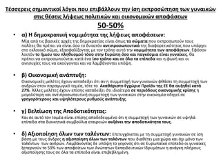 Τέσσερεις σημαντικοί λόγοι που επιβάλλουν την ίση εκπροσώπηση των γυναικών 
στις θέσεις λήψεως πολιτικών και οικονομικών αποφάσεων 
50-50% 
• α) Η δημοκρατική νομιμότητα της λήψεως αποφάσεων: 
Μία από τις βασικές αρχές της δημοκρατίας είναι όπως τα σώματα που εκπροσωπούν τους 
πολίτες θα πρέπει να είναι όσο το δυνατόν αντιπροσωπευτικά της διαφορετικότητας που υπάρχει 
στο εκλογικό σώμα, εξασφαλίζοντας με τον τρόπο αυτό την νομιμότητα των αποφάσεων. Εφόσον 
λοιπόν το ήμισυ του πληθυσμού τόσο στην Ευρώπη όσο και παγκόσμια είναι γυναίκες, θα 
πρέπει να εκπροσωπούνται κατά ένα ίσο τρόπο και σε όλα τα επίπεδα και η φωνή και οι 
ανησυχίες τους να ακούγονται και να λαμβάνονται υπόψη. 
• β) Οικονομική ανάπτυξη: 
Οικονομικές μελέτες έχουν καταδείξει ότι αν η συμμετοχή των γυναικών φθάσει τη συμμετοχή των 
ανδρών στον παραγωγικό τομέα, τότε το Ακαθάριστο Εγχώριο Προϊόν της ΕΕ θα αυξηθεί κατά 
27%. Άλλες μελέτες έχουν επίσης καταδείξει ότι ιδιαίτερα σε περιόδους οικονομικής κρίσης η 
μεγαλύτερη και αντιπροσωπευτική συμμετοχή των γυναικών στην οικονομία οδηγεί σε 
γρηγορότερους και υψηλότερους ρυθμούς ανάπτυξης. 
• γ) Βελτίωση της Αποδοτικότητας: 
Και σε αυτό τον τομέα είναι επίσης αποδεδειγμένο ότι η συμμετοχή των γυναικών σε υψηλά 
επίπεδα στα διοικητικά συμβούλια εταιρειών αυξάνει την αποδοτικότητα τους. 
• δ) Αξιοποίηση όλων των ταλέντων: Επιτυγχάνεται με τη συμμετοχή γυναικών σε ίση 
βάση με τους άνδρες η αξιοποίηση όλων των ταλέντων που διαθέτει μια χώρα και όχι μόνο των 
ταλέντων των ανδρών. Λαμβάνοντας δε υπόψη το γεγονός ότι σε Ευρωπαϊκό επίπεδο οι γυναίκες 
ξεπερνούν το 59% των αποφοίτων των Ανώτατων Εκπαιδευτικών Ιδρυμάτων η ανάγκη πλήρους 
αξιοποίησης τους σε όλα τα επίπεδα είναι επιβεβλημένη. 
 