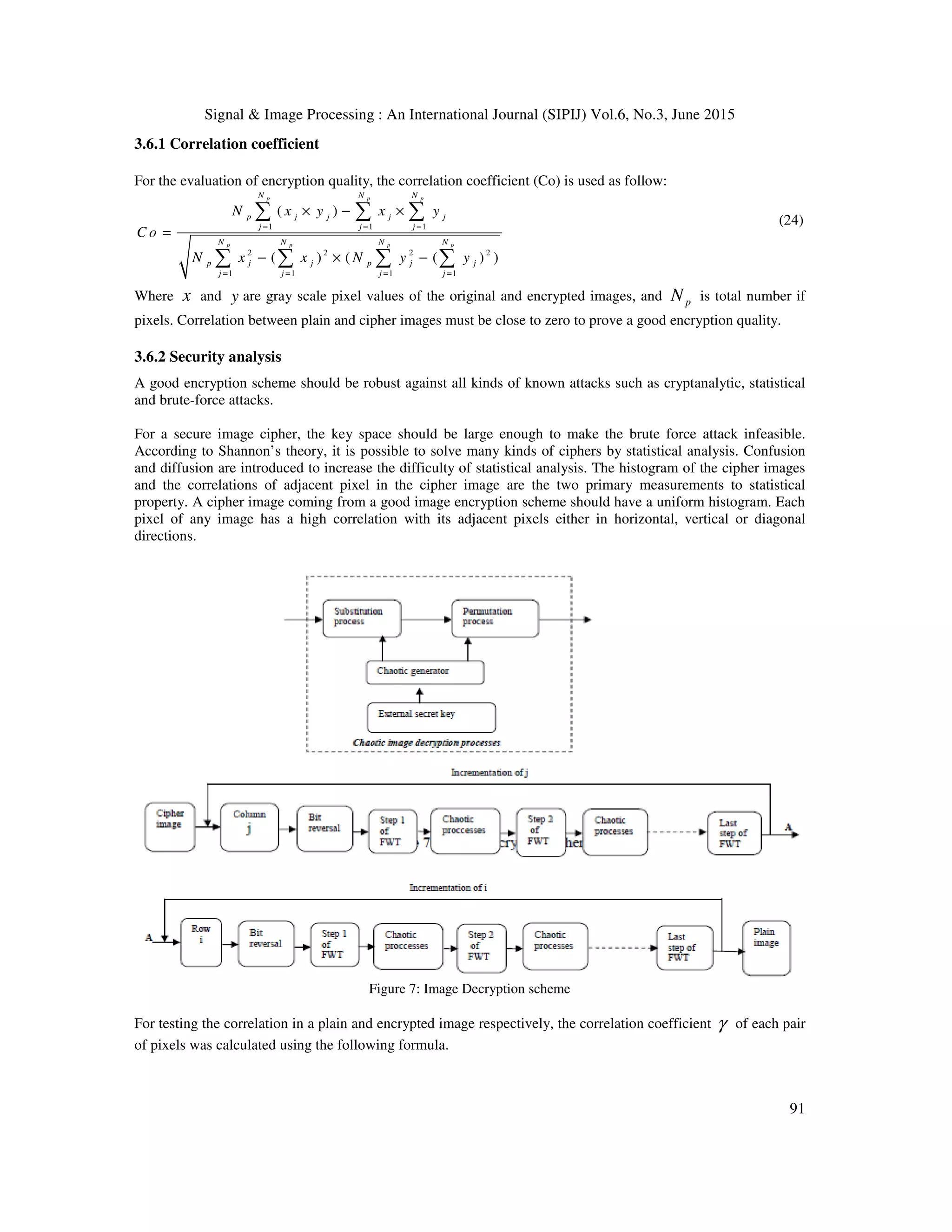 Signal & Image Processing : An International Journal (SIPIJ) Vol.6, No.3, June 2015
91
3.6.1 Correlation coefficient
For the evaluation of encryption quality, the correlation coefficient (Co) is used as follow:
1 1 1
2 2 2 2
1 1 1 1
( )
( ) ( ( ) )
p p p
p p p p
N N N
p j j j j
j j j
N N N N
p j j p j j
j j j j
N x y x y
C o
N x x N y y
= = =
= = = =
× − ×
=
− × −
∑ ∑ ∑
∑ ∑ ∑ ∑
(24)
Where x and y are gray scale pixel values of the original and encrypted images, and pN is total number if
pixels. Correlation between plain and cipher images must be close to zero to prove a good encryption quality.
3.6.2 Security analysis
A good encryption scheme should be robust against all kinds of known attacks such as cryptanalytic, statistical
and brute-force attacks.
For a secure image cipher, the key space should be large enough to make the brute force attack infeasible.
According to Shannon’s theory, it is possible to solve many kinds of ciphers by statistical analysis. Confusion
and diffusion are introduced to increase the difficulty of statistical analysis. The histogram of the cipher images
and the correlations of adjacent pixel in the cipher image are the two primary measurements to statistical
property. A cipher image coming from a good image encryption scheme should have a uniform histogram. Each
pixel of any image has a high correlation with its adjacent pixels either in horizontal, vertical or diagonal
directions.
Figure 7: Image Decryption scheme
For testing the correlation in a plain and encrypted image respectively, the correlation coefficient γ of each pair
of pixels was calculated using the following formula.
 