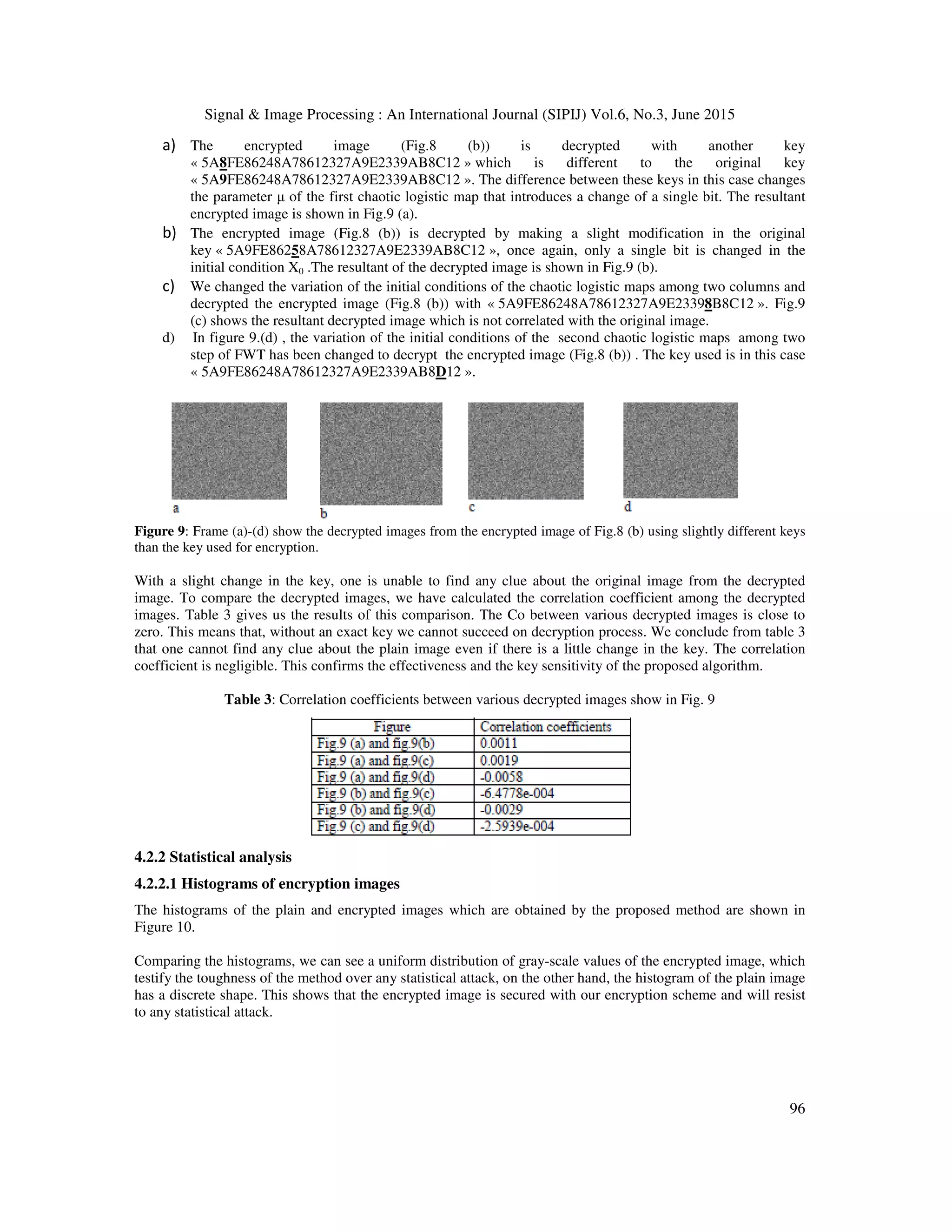 Signal & Image Processing : An International Journal (SIPIJ) Vol.6, No.3, June 2015
96
a) The encrypted image (Fig.8 (b)) is decrypted with another key
« 5A8FE86248A78612327A9E2339AB8C12 » which is different to the original key
« 5A9FE86248A78612327A9E2339AB8C12 ». The difference between these keys in this case changes
the parameter µ of the first chaotic logistic map that introduces a change of a single bit. The resultant
encrypted image is shown in Fig.9 (a).
b) The encrypted image (Fig.8 (b)) is decrypted by making a slight modification in the original
key « 5A9FE86258A78612327A9E2339AB8C12 », once again, only a single bit is changed in the
initial condition X0 .The resultant of the decrypted image is shown in Fig.9 (b).
c) We changed the variation of the initial conditions of the chaotic logistic maps among two columns and
decrypted the encrypted image (Fig.8 (b)) with « 5A9FE86248A78612327A9E23398B8C12 ». Fig.9
(c) shows the resultant decrypted image which is not correlated with the original image.
d) In figure 9.(d) , the variation of the initial conditions of the second chaotic logistic maps among two
step of FWT has been changed to decrypt the encrypted image (Fig.8 (b)) . The key used is in this case
« 5A9FE86248A78612327A9E2339AB8D12 ».
Figure 9: Frame (a)-(d) show the decrypted images from the encrypted image of Fig.8 (b) using slightly different keys
than the key used for encryption.
With a slight change in the key, one is unable to find any clue about the original image from the decrypted
image. To compare the decrypted images, we have calculated the correlation coefficient among the decrypted
images. Table 3 gives us the results of this comparison. The Co between various decrypted images is close to
zero. This means that, without an exact key we cannot succeed on decryption process. We conclude from table 3
that one cannot find any clue about the plain image even if there is a little change in the key. The correlation
coefficient is negligible. This confirms the effectiveness and the key sensitivity of the proposed algorithm.
Table 3: Correlation coefficients between various decrypted images show in Fig. 9
4.2.2 Statistical analysis
4.2.2.1 Histograms of encryption images
The histograms of the plain and encrypted images which are obtained by the proposed method are shown in
Figure 10.
Comparing the histograms, we can see a uniform distribution of gray-scale values of the encrypted image, which
testify the toughness of the method over any statistical attack, on the other hand, the histogram of the plain image
has a discrete shape. This shows that the encrypted image is secured with our encryption scheme and will resist
to any statistical attack.
 