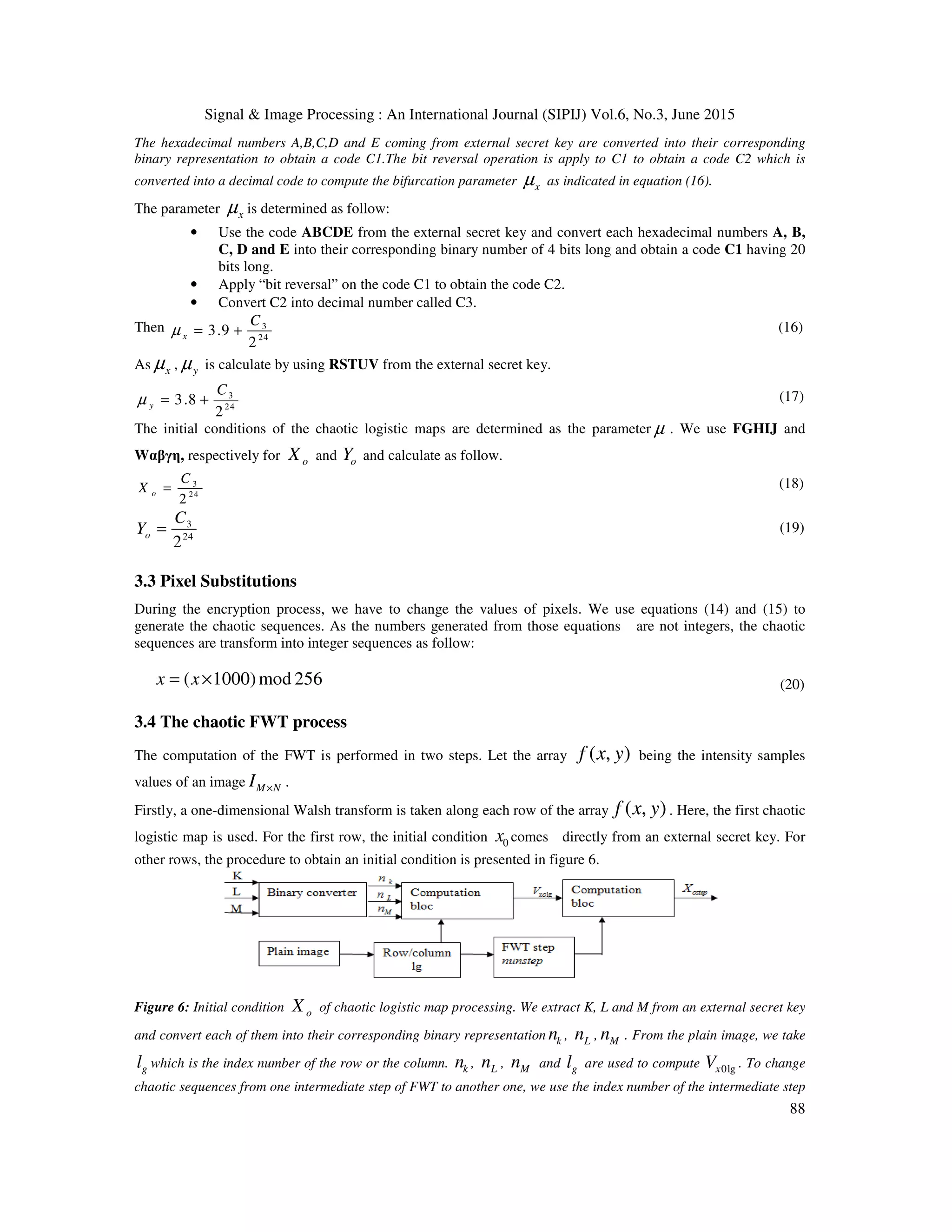 Signal & Image Processing : An International Journal (SIPIJ) Vol.6, No.3, June 2015
88
The hexadecimal numbers A,B,C,D and E coming from external secret key are converted into their corresponding
binary representation to obtain a code C1.The bit reversal operation is apply to C1 to obtain a code C2 which is
converted into a decimal code to compute the bifurcation parameter xµ as indicated in equation (16).
The parameter xµ is determined as follow:
• Use the code ABCDE from the external secret key and convert each hexadecimal numbers A, B,
C, D and E into their corresponding binary number of 4 bits long and obtain a code C1 having 20
bits long.
• Apply “bit reversal” on the code C1 to obtain the code C2.
• Convert C2 into decimal number called C3.
Then 3
24
3.9
2
x
C
µ = + (16)
As xµ , yµ is calculate by using RSTUV from the external secret key.
3
24
3.8
2
y
C
µ = + (17)
The initial conditions of the chaotic logistic maps are determined as the parameter µ . We use FGHIJ and
Wαβγη, respectively for oX and oY and calculate as follow.
3
24
2
o
C
X = (18)
3
24
2
o
C
Y = (19)
3.3 Pixel Substitutions
During the encryption process, we have to change the values of pixels. We use equations (14) and (15) to
generate the chaotic sequences. As the numbers generated from those equations are not integers, the chaotic
sequences are transform into integer sequences as follow:
( 1000)mod 256x x= × (20)
3.4 The chaotic FWT process
The computation of the FWT is performed in two steps. Let the array ( , )f x y being the intensity samples
values of an image M NI × .
Firstly, a one-dimensional Walsh transform is taken along each row of the array ( , )f x y . Here, the first chaotic
logistic map is used. For the first row, the initial condition 0x comes directly from an external secret key. For
other rows, the procedure to obtain an initial condition is presented in figure 6.
Figure 6: Initial condition oX of chaotic logistic map processing. We extract K, L and M from an external secret key
and convert each of them into their corresponding binary representation kn , Ln , Mn . From the plain image, we take
gl which is the index number of the row or the column. kn , Ln , Mn and gl are used to compute 0lgxV . To change
chaotic sequences from one intermediate step of FWT to another one, we use the index number of the intermediate step
 
