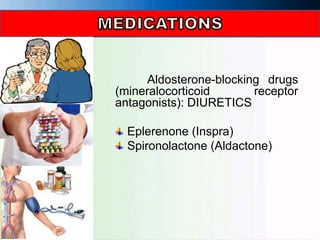 Aldosterone-blocking drugs
(mineralocorticoid receptor
antagonists): DIURETICS
Eplerenone (Inspra)
Spironolactone (Aldactone)
 