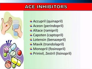 Accupril (quinapril)
Aceon (perindopril)
Altace (ramipril)
Capoten (captopril)
Lotensin (benazepril)
Mavik (trandolapril)
Monopril (fosinopril)
Prinivil, Zestril (lisinopril)
 