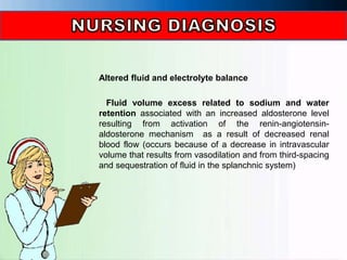 Altered fluid and electrolyte balance
Fluid volume excess related to sodium and water
retention associated with an increased aldosterone level
resulting from activation of the renin-angiotensin-
aldosterone mechanism as a result of decreased renal
blood flow (occurs because of a decrease in intravascular
volume that results from vasodilation and from third-spacing
and sequestration of fluid in the splanchnic system)
 