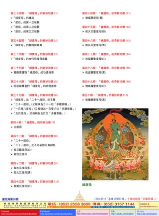 蓮花海第50期
122
敦 珠 佛 學 會 國 際 有 限 公 司
通 訊 地 址 ： 香 港 柴 灣 常 安 街 7 7 號 發 達 中 心 4 樓
4th Floor, Federal Centre, 77 Sheung On Street, Chaiwan, Hong Kong
電話：(852) 2558 3680 傳真：(852) 3157 1144
網 址 ： h t t p : / / w w w . d u d j o m b a . c o m 電 子 郵 件 ： info@dudjomba.org.hk
版權擁有者：
敦珠佛學會國際有限公司
Youtube
www.youtube.com/user/DudjomBuddhist
Facebook
www.facebook.com/DudjomBuddhist
土豆
http://www.tudou.com/home/dudjom
优酷
http://i.youku.com/dudjom
56.com
http://i.56.com/Dudjom
[ 按此前往「本會活動目錄」] [ 按此前往「文章目錄」]
第三十四期：「綠度母」的奇妙功德 (1)
「綠度母」的緣起
「度母」的第一次發願
「度母」的第二次發願
「度母」的第三次發願
第三十五期：「綠度母」的奇妙功德 (2)
「綠度母」的嚴飾與意義
第三十六期：「綠度母」的奇妙功德 (3)
「綠度母」的女性化身與意義
第三十七期：「綠度母」的奇妙功德 (4)
   龍樹菩薩對「綠度母」的功德推崇
第三十八期：「綠度母」的奇妙功德 (5)
   阿底峽尊者對「綠度母」的功德推崇
第三十九期：「綠度母」的奇妙功德 (6)
「綠度母」為「二十一度母」的主尊
「二十一度母」(又被稱為二十一位「多羅菩薩」)
「一百零八度母」(又被稱為一百零八位「多羅菩薩」)
「五百度母」(又被稱為五百位「多羅菩薩」)
第四十期：「綠度母」的奇妙功德 (7)
   白度母
第四十一期：「綠度母」的奇妙功德 (8)
「二十一度母」
「二十一度母」之不同名號及其顏色
   救災難度母(白)
   救地災度母
第四十二期：「綠度母」的奇妙功德 (9)
   救水災度母(紅)
   救火災度母(黃)
第四十三期：「綠度母」的奇妙功德 (10)
   救風災度母(白)
第四十四期：「綠度母」的奇妙功德 (11)
   增福慧度母(黃)
第四十五期：「綠度母」的奇妙功德 (12)
   救天災聖度母(綠)
第四十六期：「綠度母」的奇妙功德 (13)
   救兵災聖度母(青)
第四十七期：「綠度母」的奇妙功德 (14)
   救獄難聖度母(紅)
第四十八期：「綠度母」的奇妙功德 (15)
   救盜難聖度母(黑)
第四十九期：「綠度母」的奇妙功德 (16)
   增威權聖度母(紅)
第五十期：「綠度母」的奇妙功德 (17)
   救魔難聖度母(黑)
綠度母
 