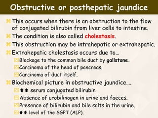 This occurs when there is an obstruction to the flow
of conjugated bilirubin from liver cells to intestine.
The condition is also called cholestasis.
This obstruction may be intrahepatic or extrahepatic.
Extrahepatic cholestasis occurs due to…
Blockage to the common bile duct by gallstone.
Carcinoma of the head of pancreas.
Carcinoma of duct itself.
Biochemical picture in obstructive jaundice….
 serum conjugated bilirubin
Absence of urobilinogen in urine and faeces.
Presence of bilirubin and bile salts in the urine.
 level of the SGPT (ALP).
Obstructive or posthepatic jaundice
 