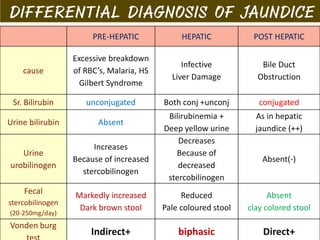 PRE-HEPATIC HEPATIC POST HEPATIC
cause
Excessive breakdown
of RBC’s, Malaria, HS
Gilbert Syndrome
Infective
Liver Damage
Bile Duct
Obstruction
Sr. Bilirubin unconjugated Both conj +unconj conjugated
Urine bilirubin Absent
Bilirubinemia +
Deep yellow urine
As in hepatic
jaundice (++)
Urine
urobilinogen
Increases
Because of increased
stercobilinogen
Decreases
Because of
decreased
stercobilinogen
Absent(-)
Fecal
stercobilinogen
(20-250mg/day)
Markedly increased
Dark brown stool
Reduced
Pale coloured stool
Absent
clay colored stool
Vonden burg
Indirect+ biphasic Direct+
 