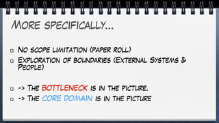 More specifically…
No scope limitation (paper roll)
Exploration of boundaries (External Systems &
People)
-> The BOTTLENECK is in the picture.
-> The CORE DOMAIN is in the picture
 